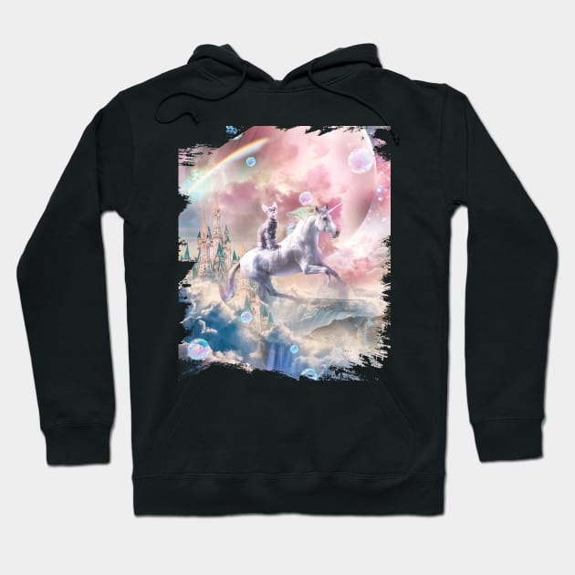 Rainbow Galaxy Cat Riding Unicorn In Space Hoodie by Random Galaxy